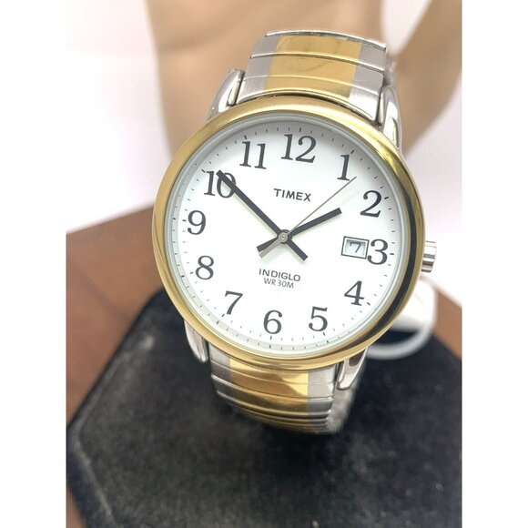 Timex Men's Watch T2H311 Indiglo White Dial Quartz Two Tone Expansion Band 35mm - Picture 1 of 14